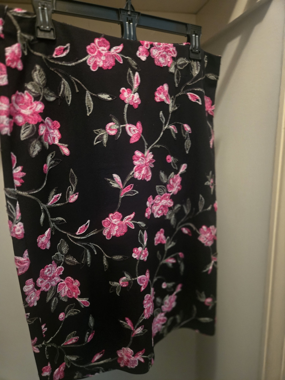 Black A-Line Skirt with Pink Floral Embroidery
